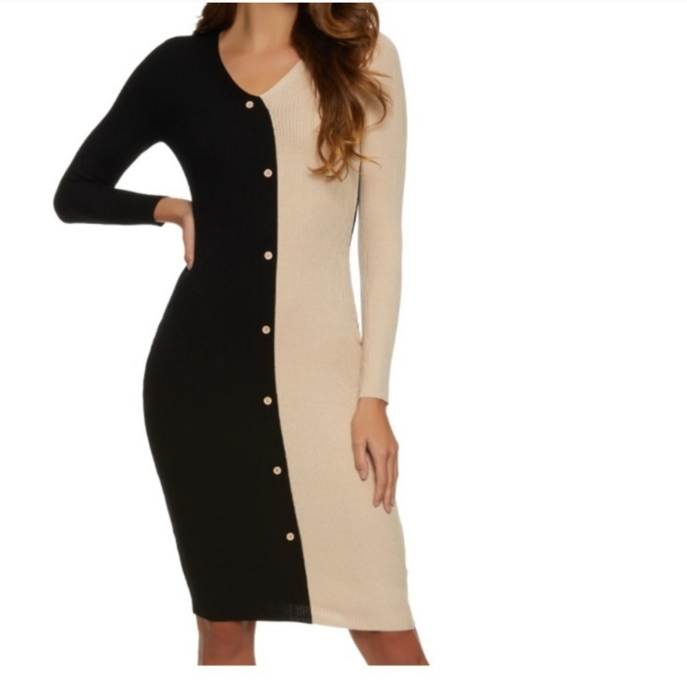 Love Always Color Blocked Faux Button Down Sweater Dress